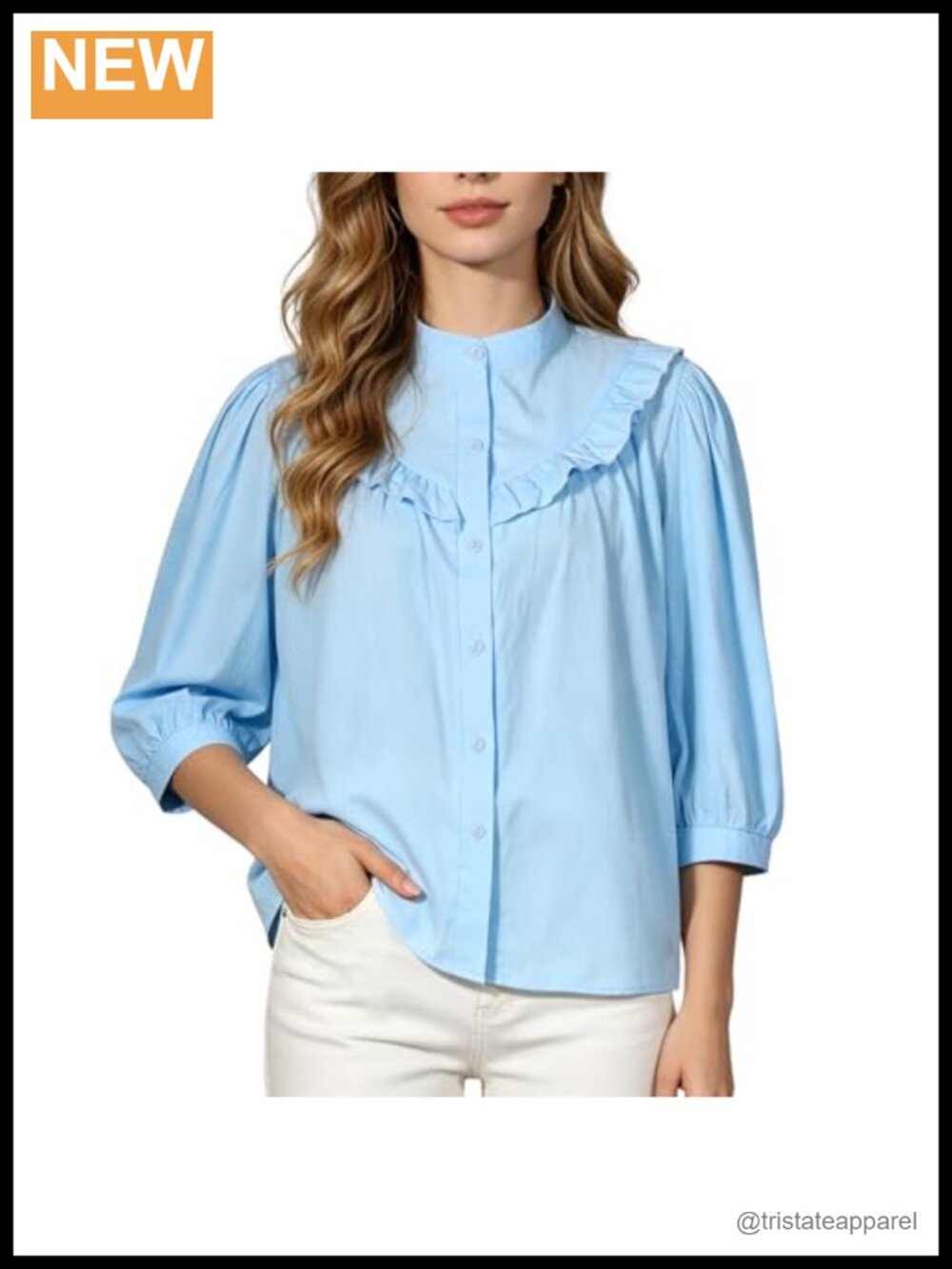 Ruffle Neck Button-Down Babydoll Blouse 3/4 Sleeve Loose Fit